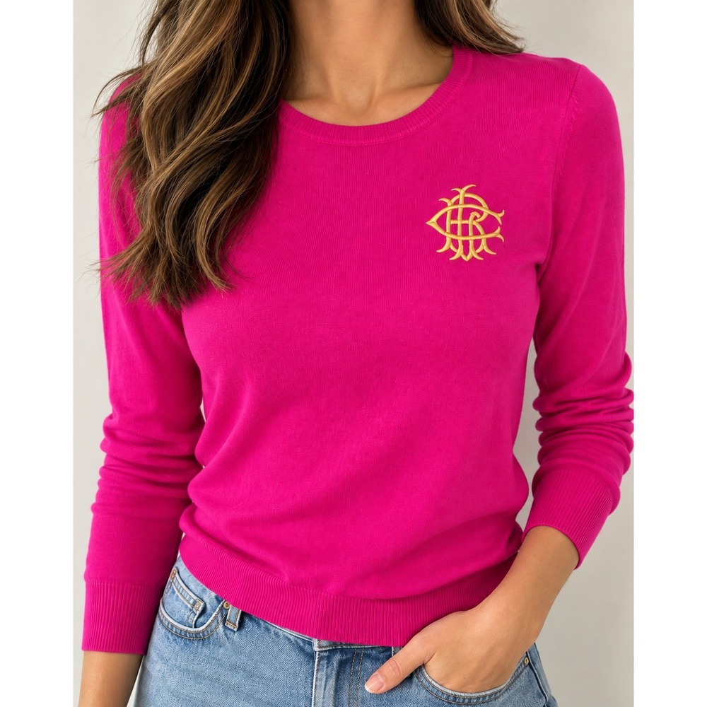 Ralph Lauren Sport Pink 100% Pima Cotton Gold Logo Pullover Sweater M Old Money
